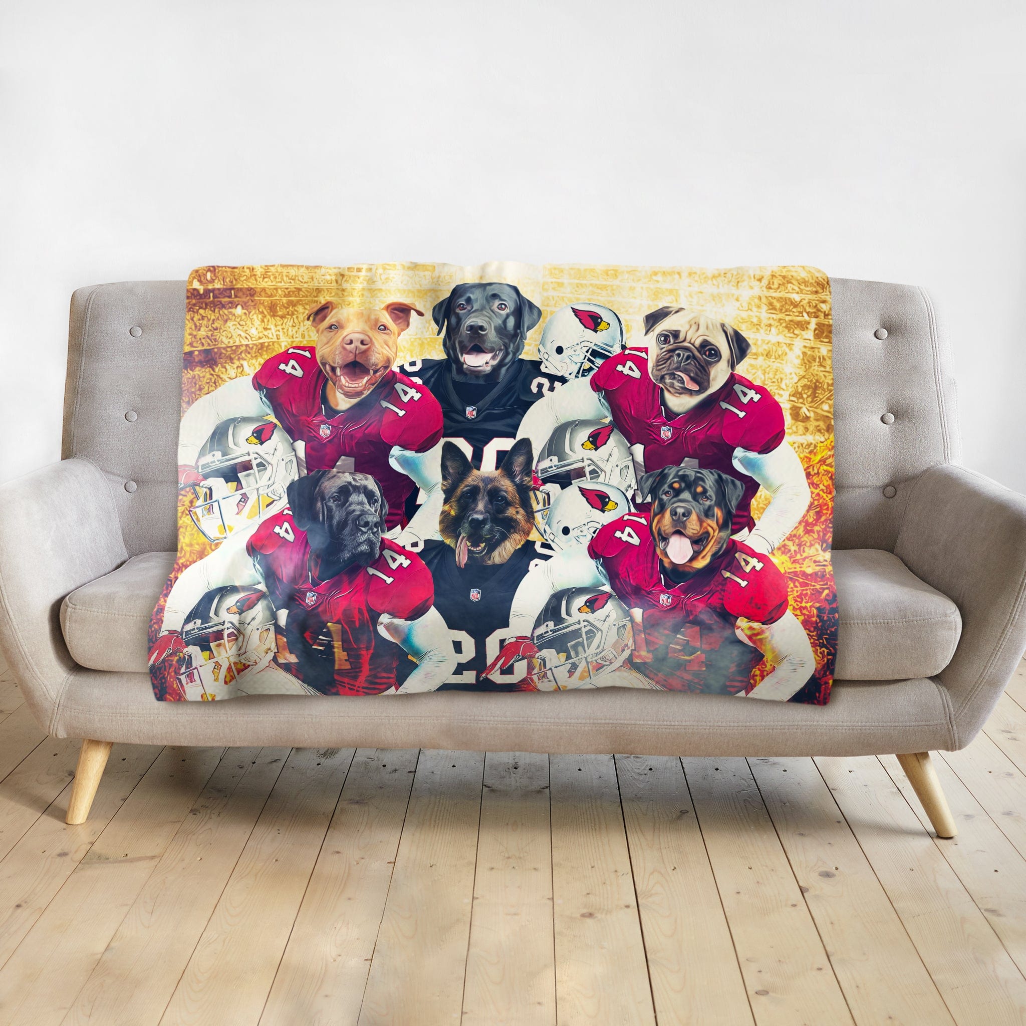 Personalized blanket with six dogs in Arizona Cardinals football uniforms against a golden background.