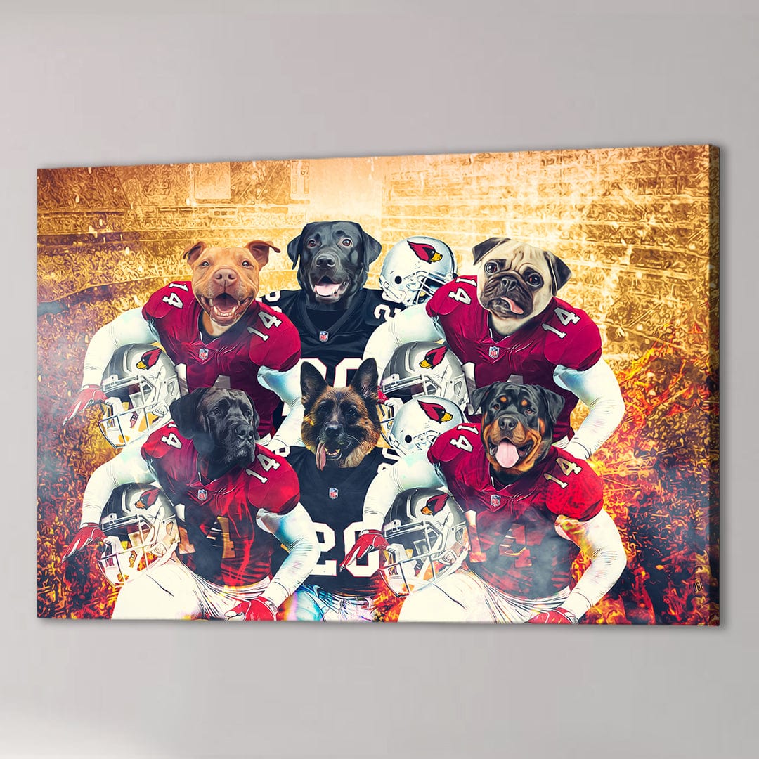 Personalized 'Arizona Doggos' 6 pet canvas featuring dogs in red and black football uniforms.