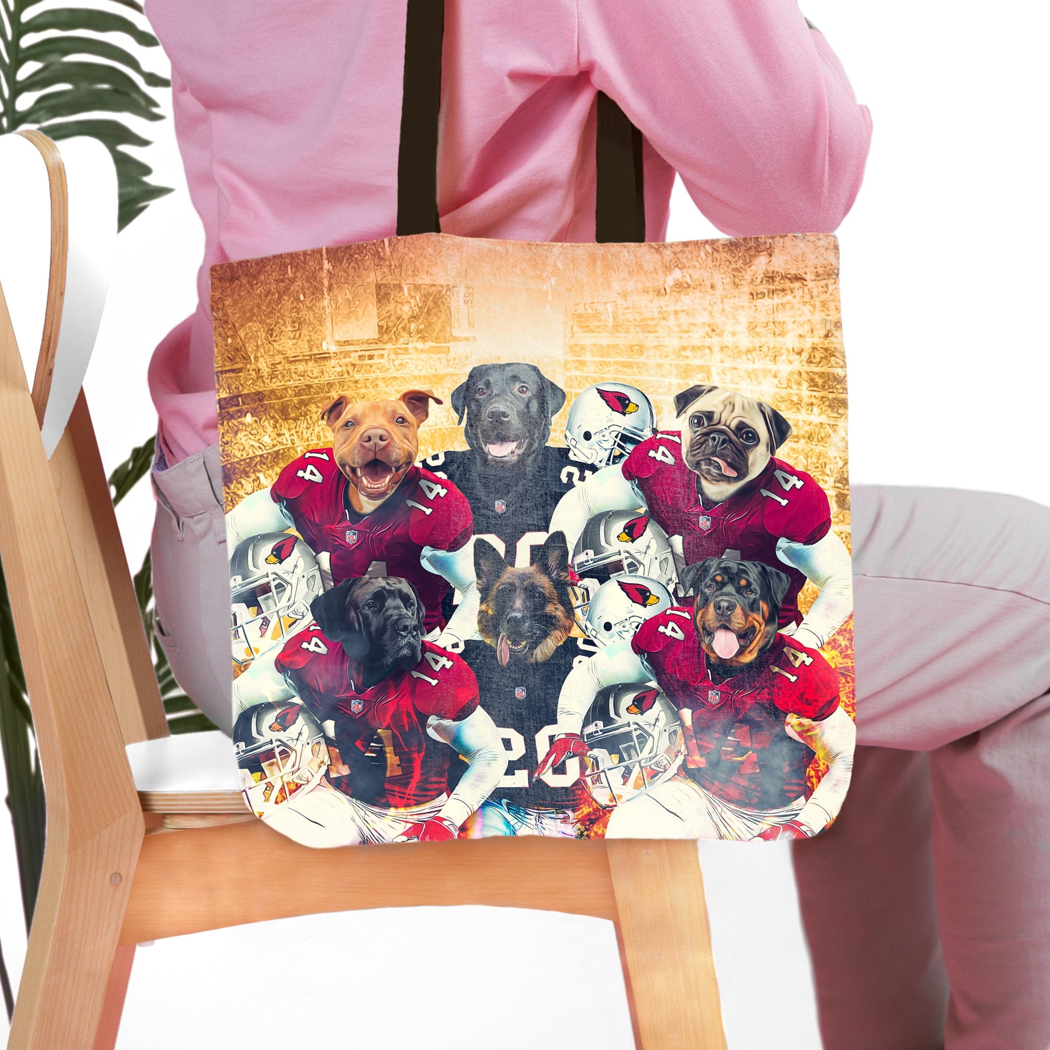 Personalized 6-pet tote bag featuring dogs in Arizona Cardinals football uniforms.