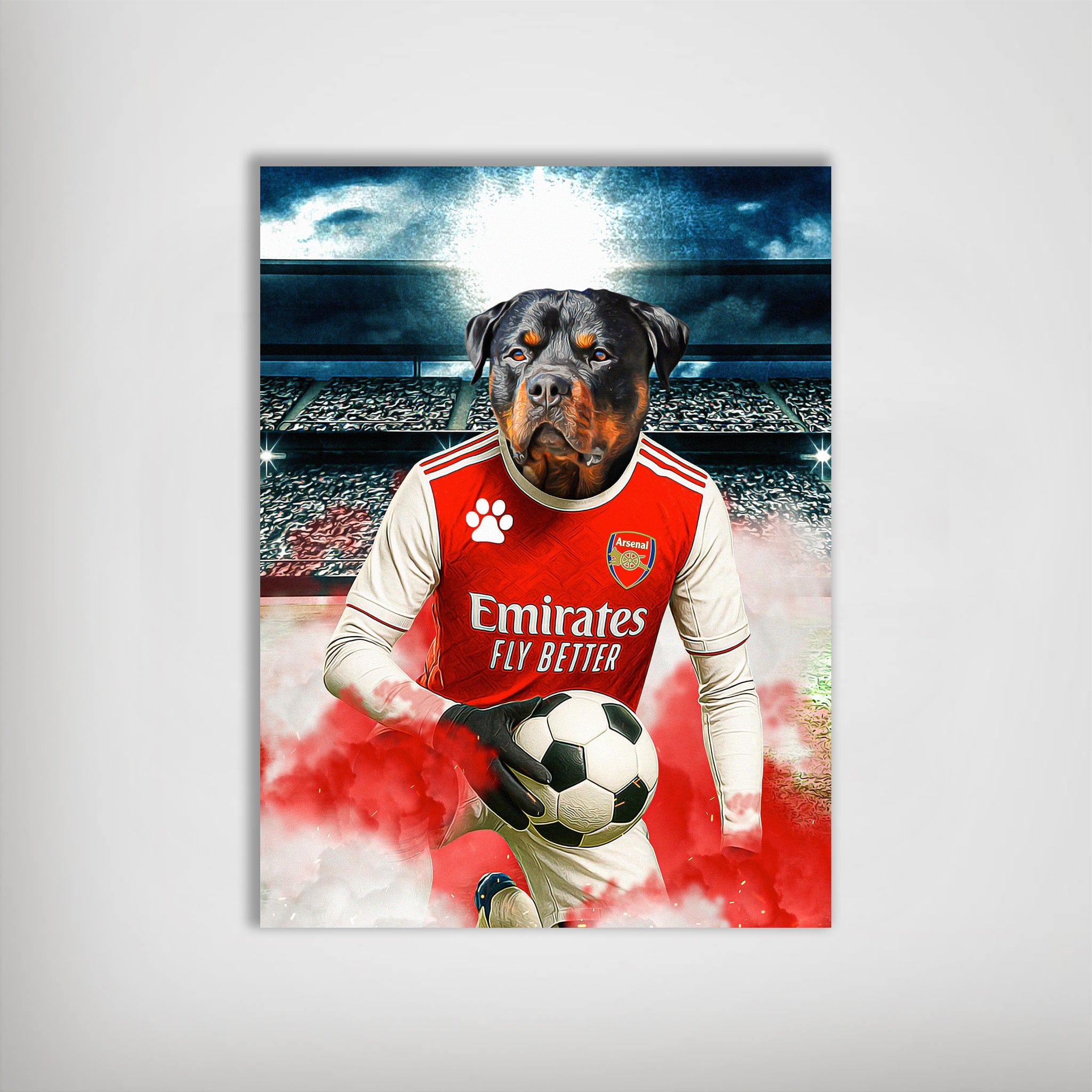 Personalized Arsenal Doggos Football poster featuring a Rottweiler in a red and white jersey holding a soccer ball.