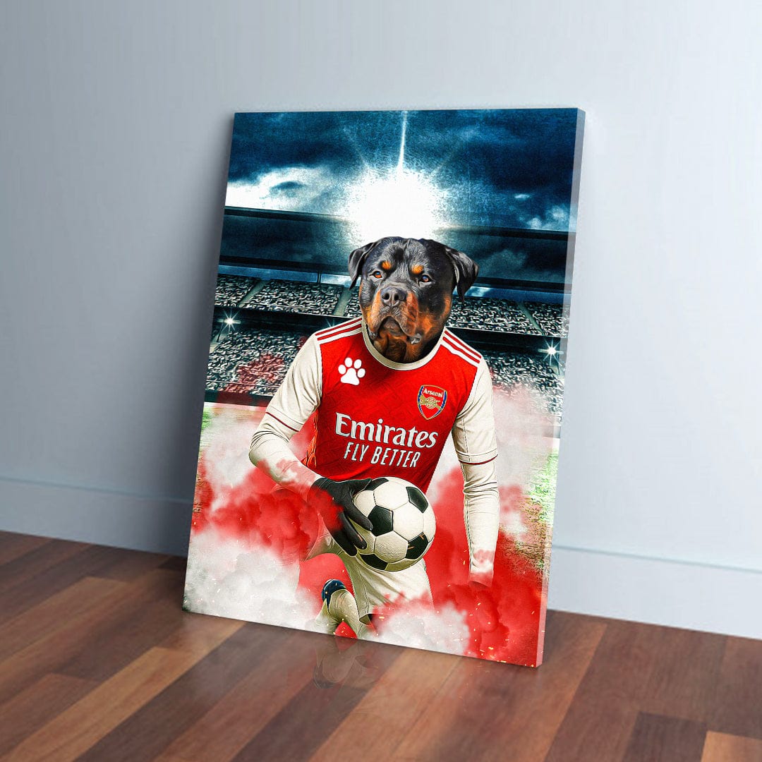 Personalized pet canvas featuring a Rottweiler in an Arsenal football kit holding a ball, with a stadium background.