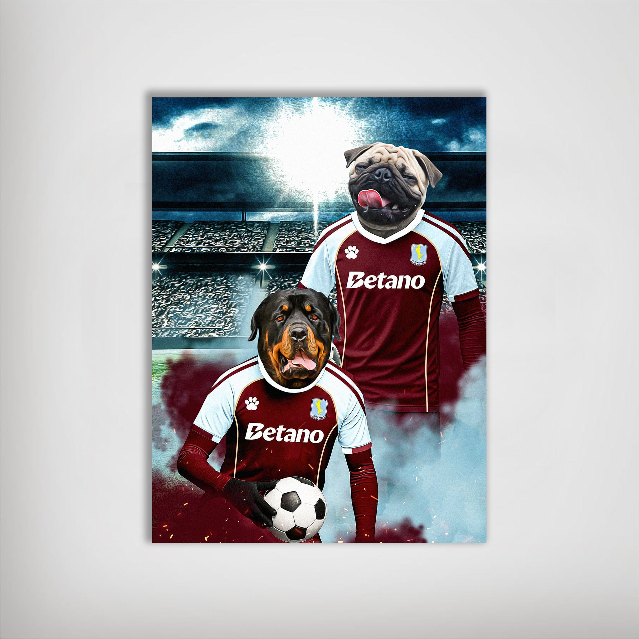 Personalized Aston Villa Doggos Football poster featuring a Rottweiler and a Pug in team jerseys.