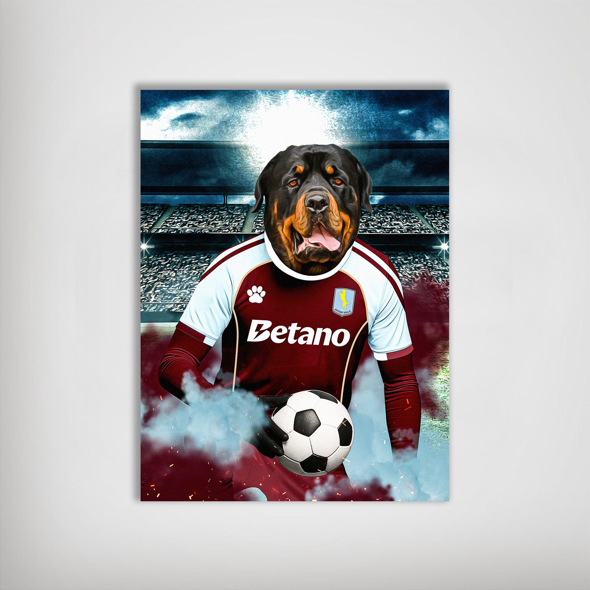 Personalized Aston Villa Doggos Football poster featuring a Rottweiler in a maroon and white jersey holding a soccer ball.