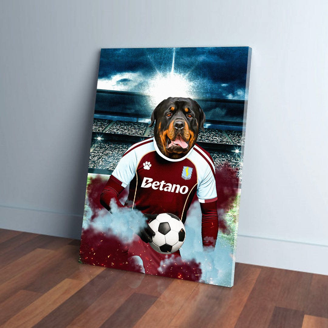 Rottweiler dog in an Aston Villa football kit holding a soccer ball on a personalized canvas.