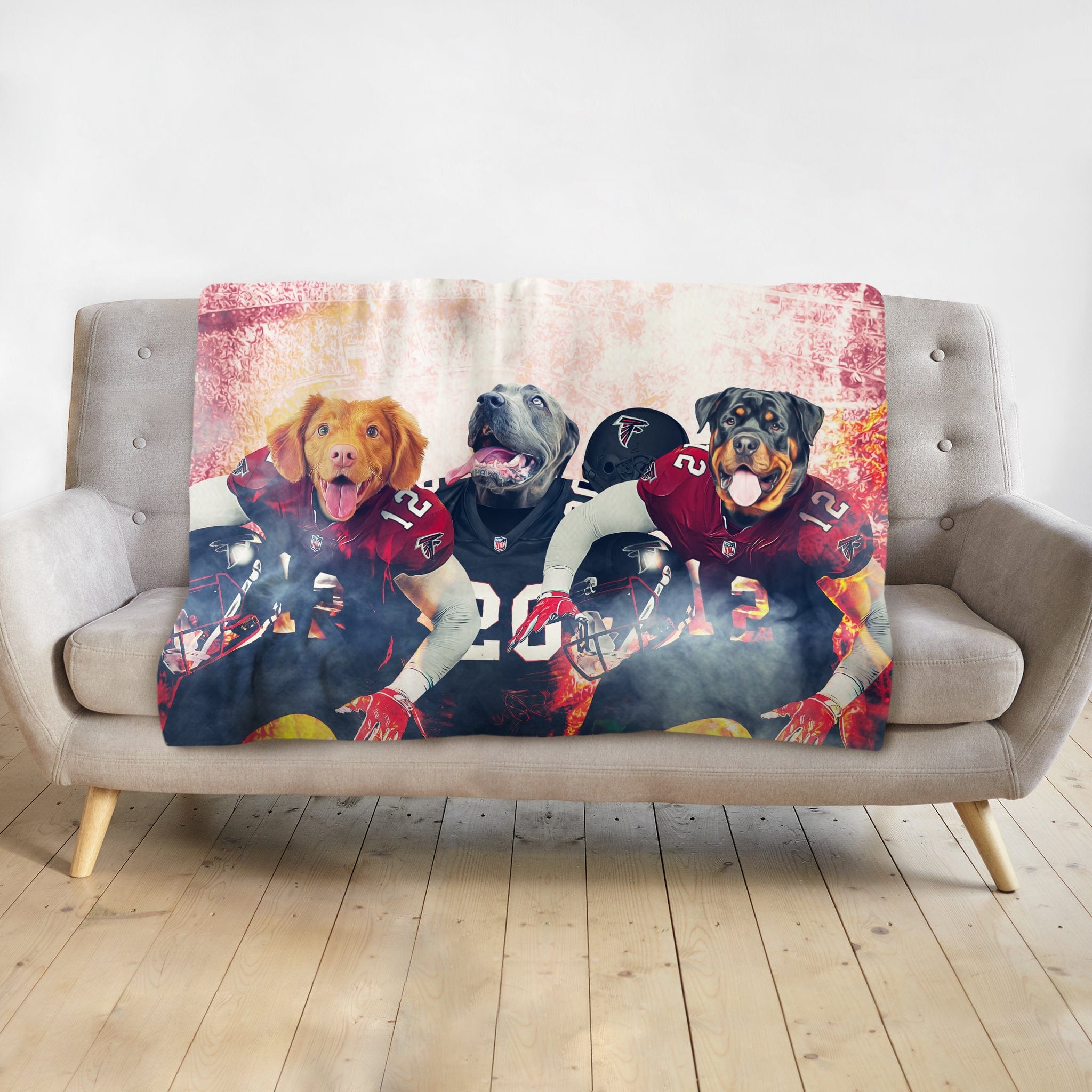 Personalized 3-pet blanket featuring dogs in Atlanta Falcons football uniforms.
