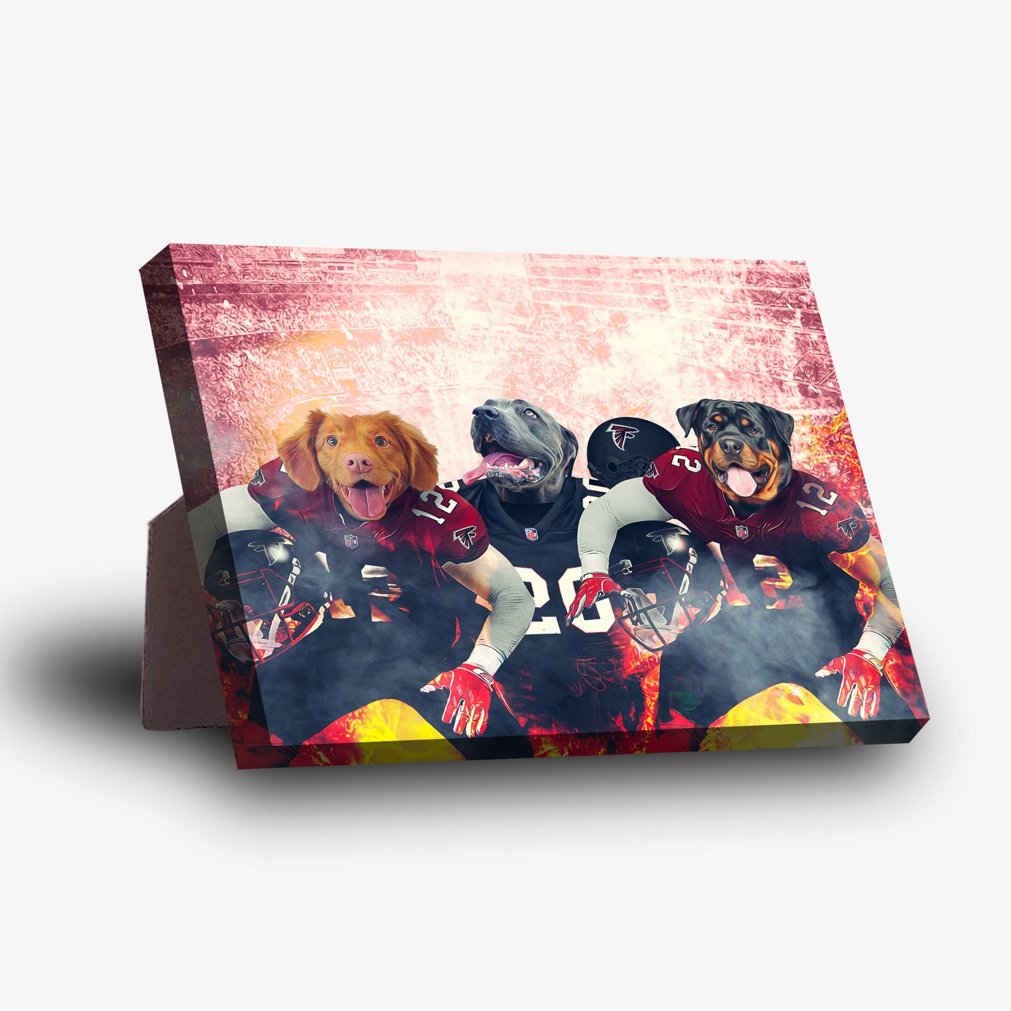 Personalized 3-pet standing canvas featuring dogs in Atlanta Falcons football jerseys with a stadium background.