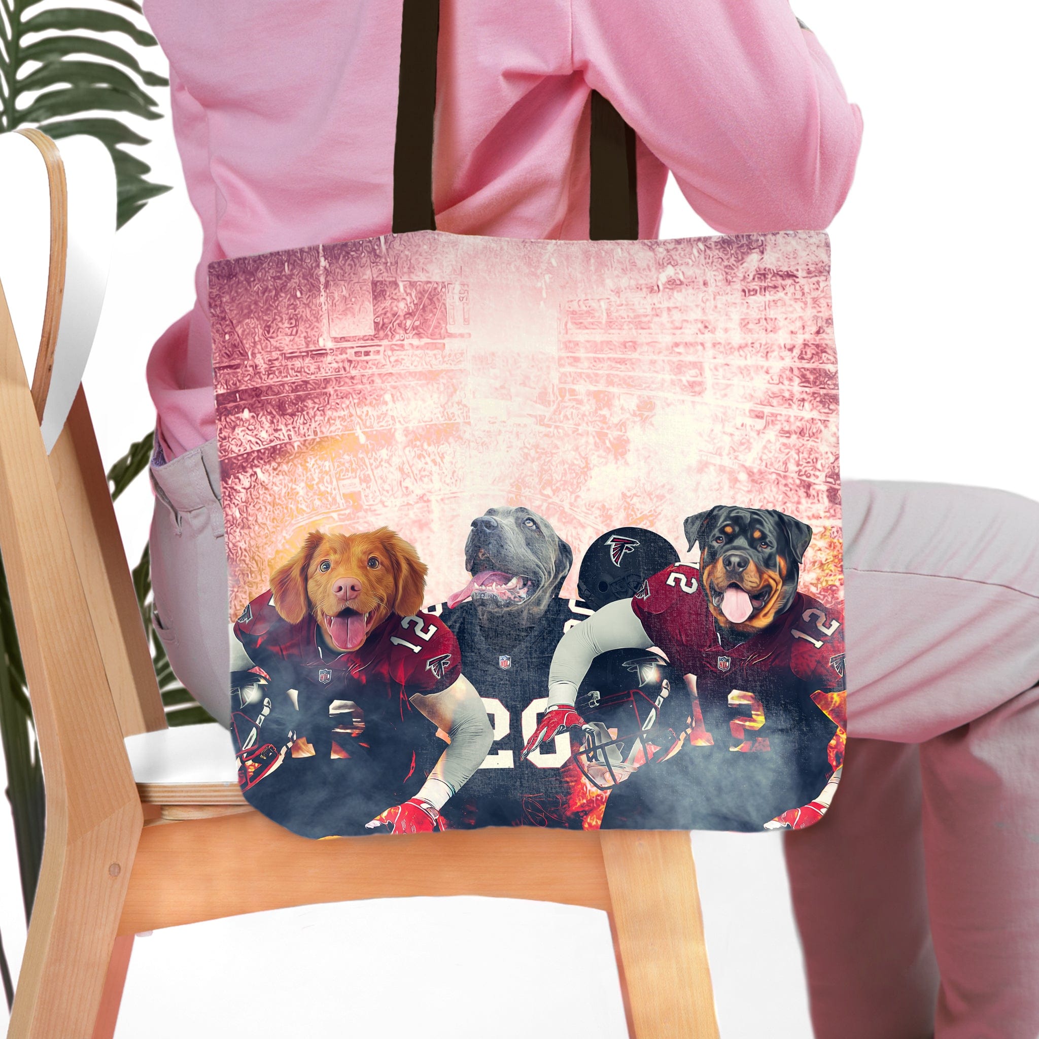 Personalized 3 pet tote bag featuring dogs in Atlanta Falcons football uniforms.