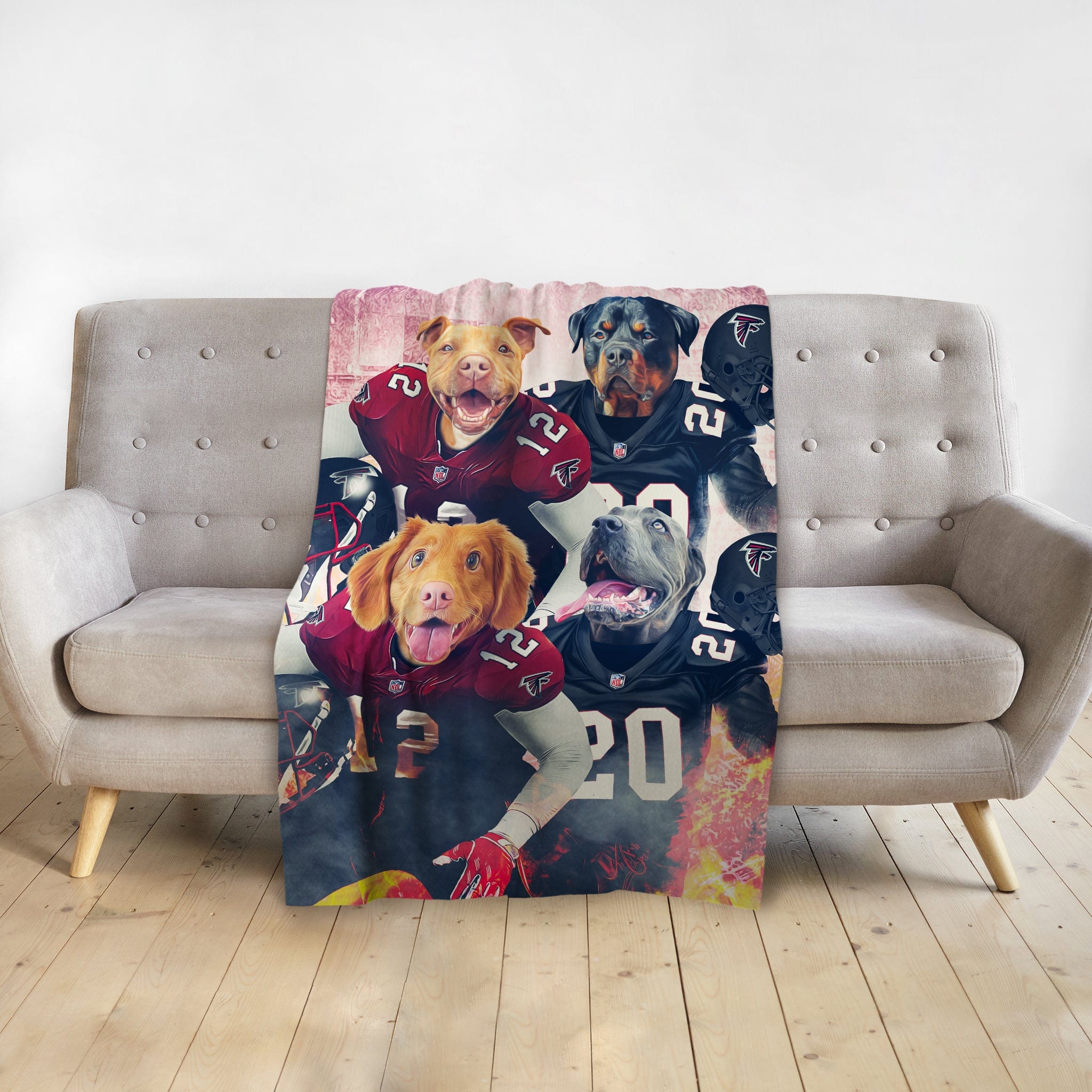 Personalized blanket with four dogs in Atlanta Falcons football uniforms.