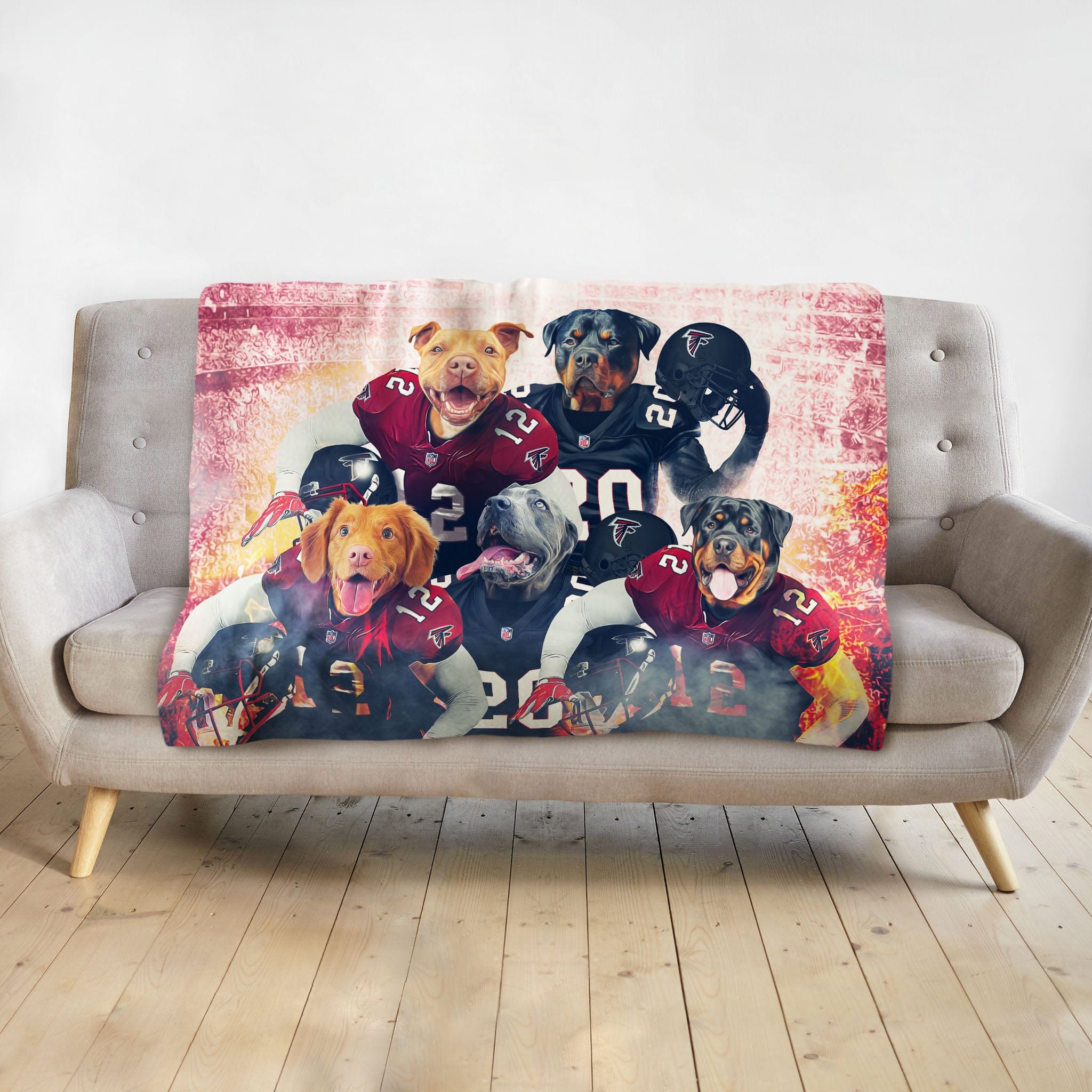 Personalized custom blanket with five dogs in Atlanta Falcons football uniforms.