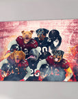 Personalized 5-pet canvas featuring dogs in Atlanta Falcons football uniforms against a stadium backdrop.