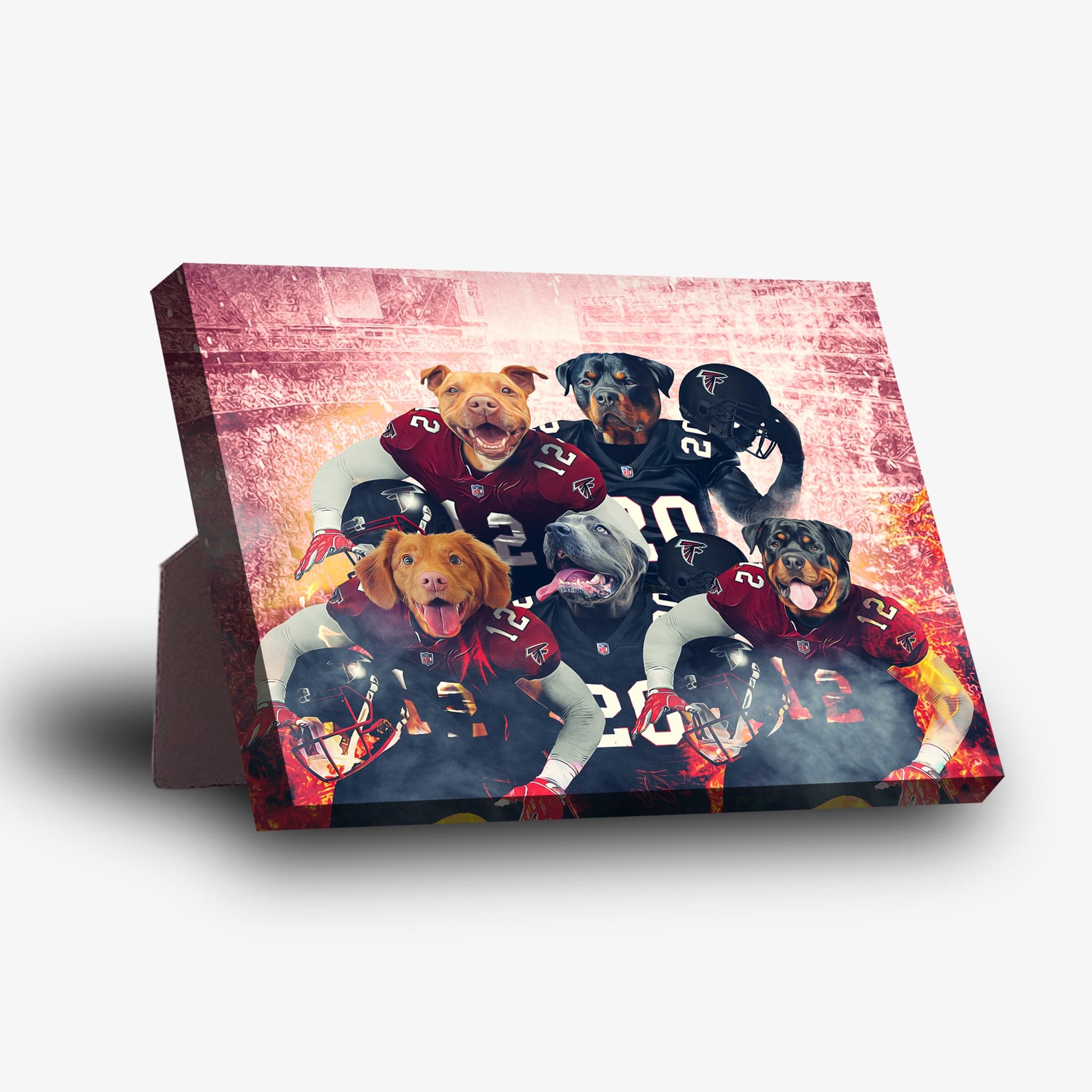 Personalized 5-pet standing canvas featuring dogs in Atlanta Falcons football jerseys.