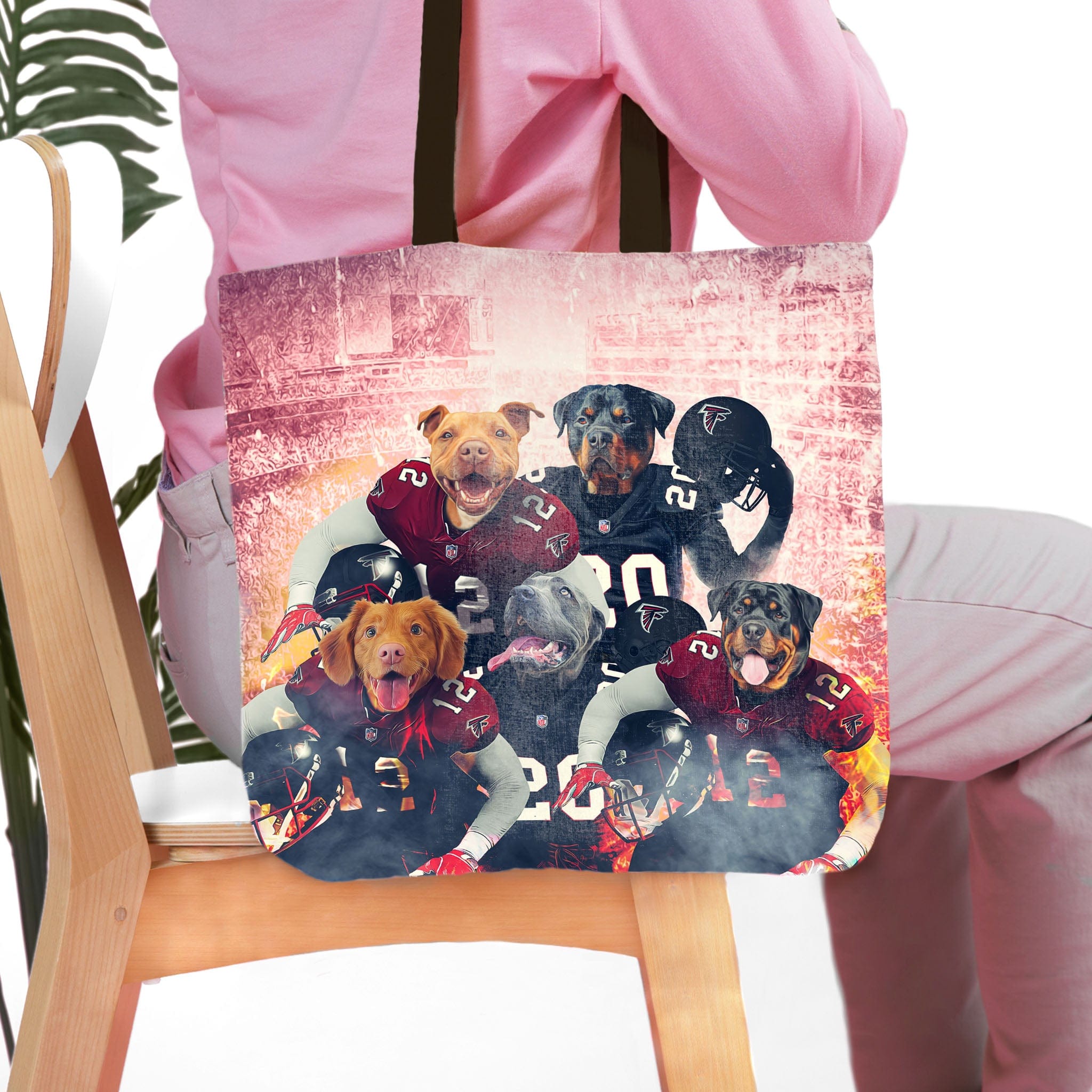 Personalized 5-pet portrait tote bag featuring dogs in Atlanta Falcons football uniforms.
