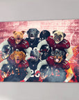Personalized 6-pet canvas featuring dogs in red and black football uniforms against a stadium backdrop.