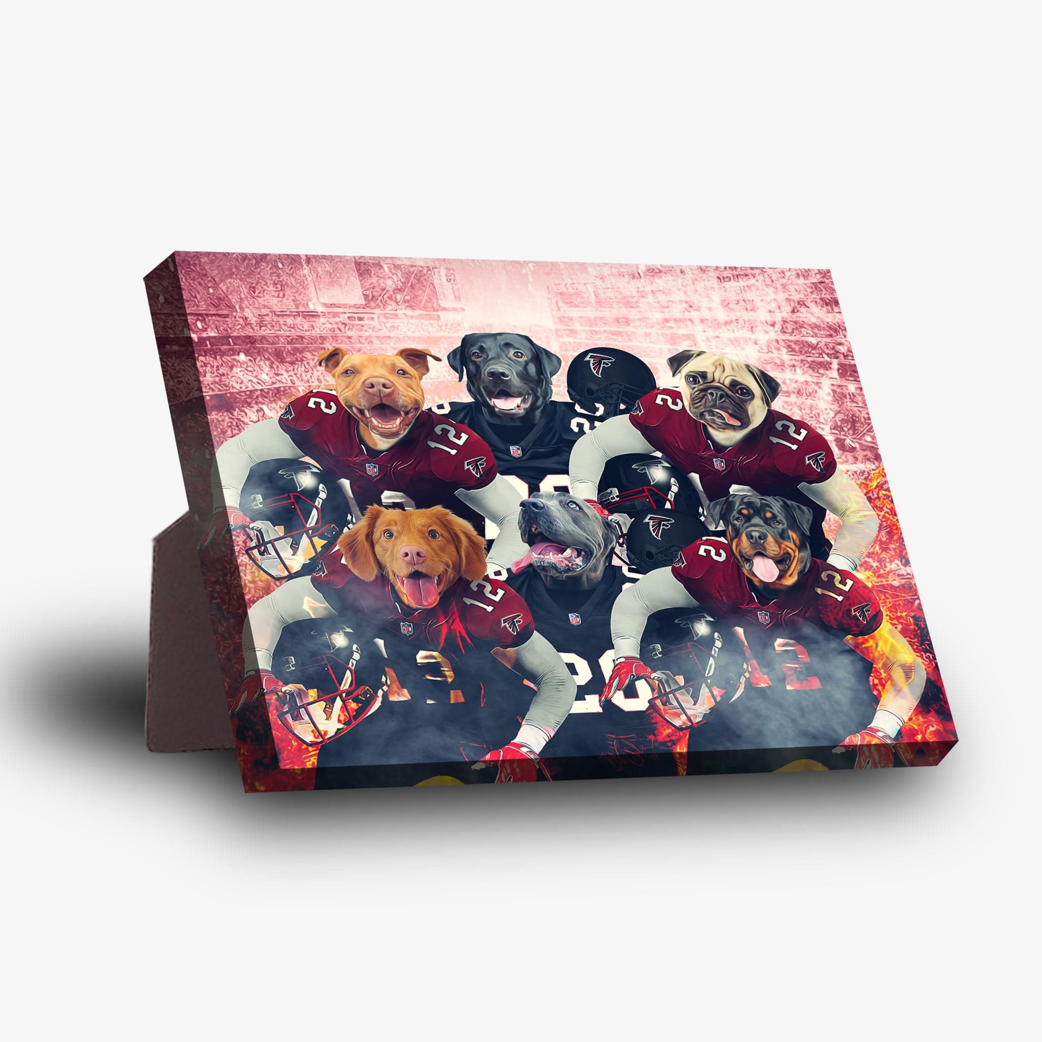 Personalized 'Atlanta Doggos' 6-pet standing canvas featuring dogs in football uniforms against a stadium backdrop.