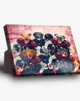 Personalized 'Atlanta Doggos' 6-pet standing canvas featuring dogs in football uniforms against a stadium backdrop.