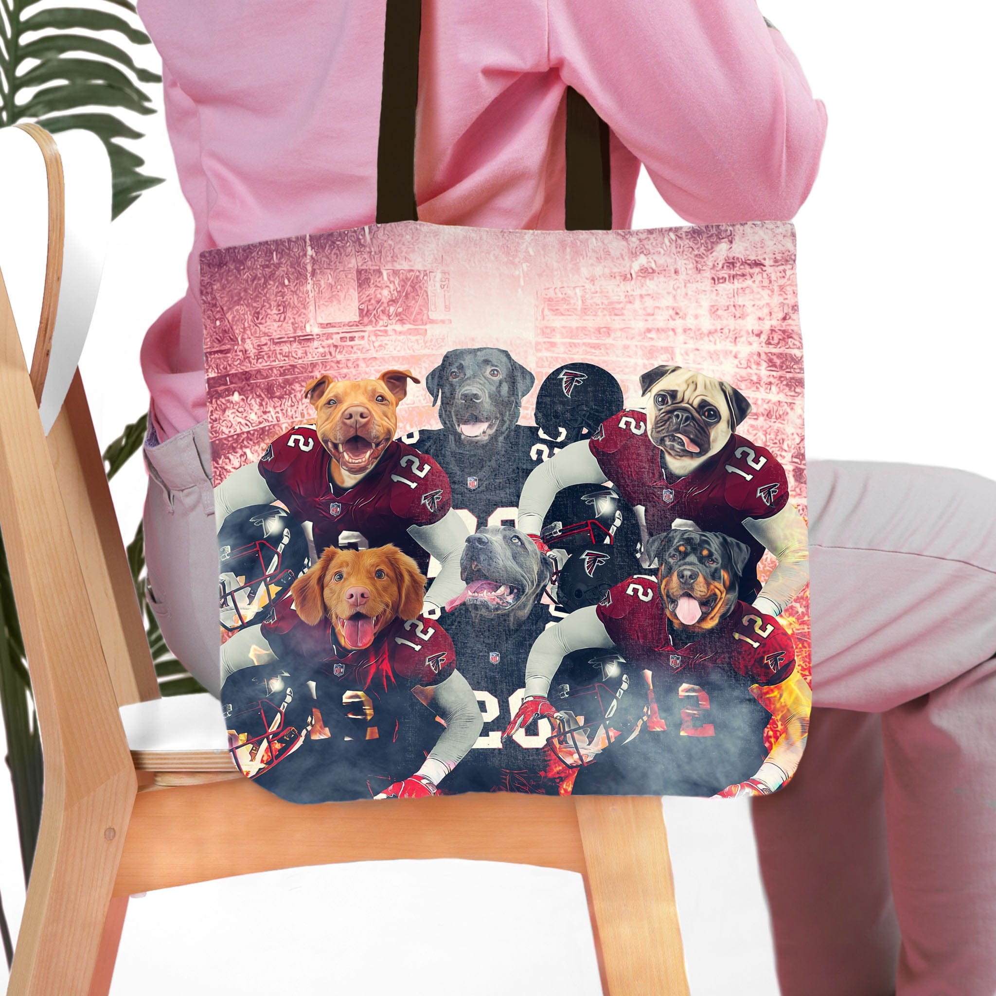 Personalized 6-pet tote bag featuring dogs in football uniforms against a stadium backdrop.