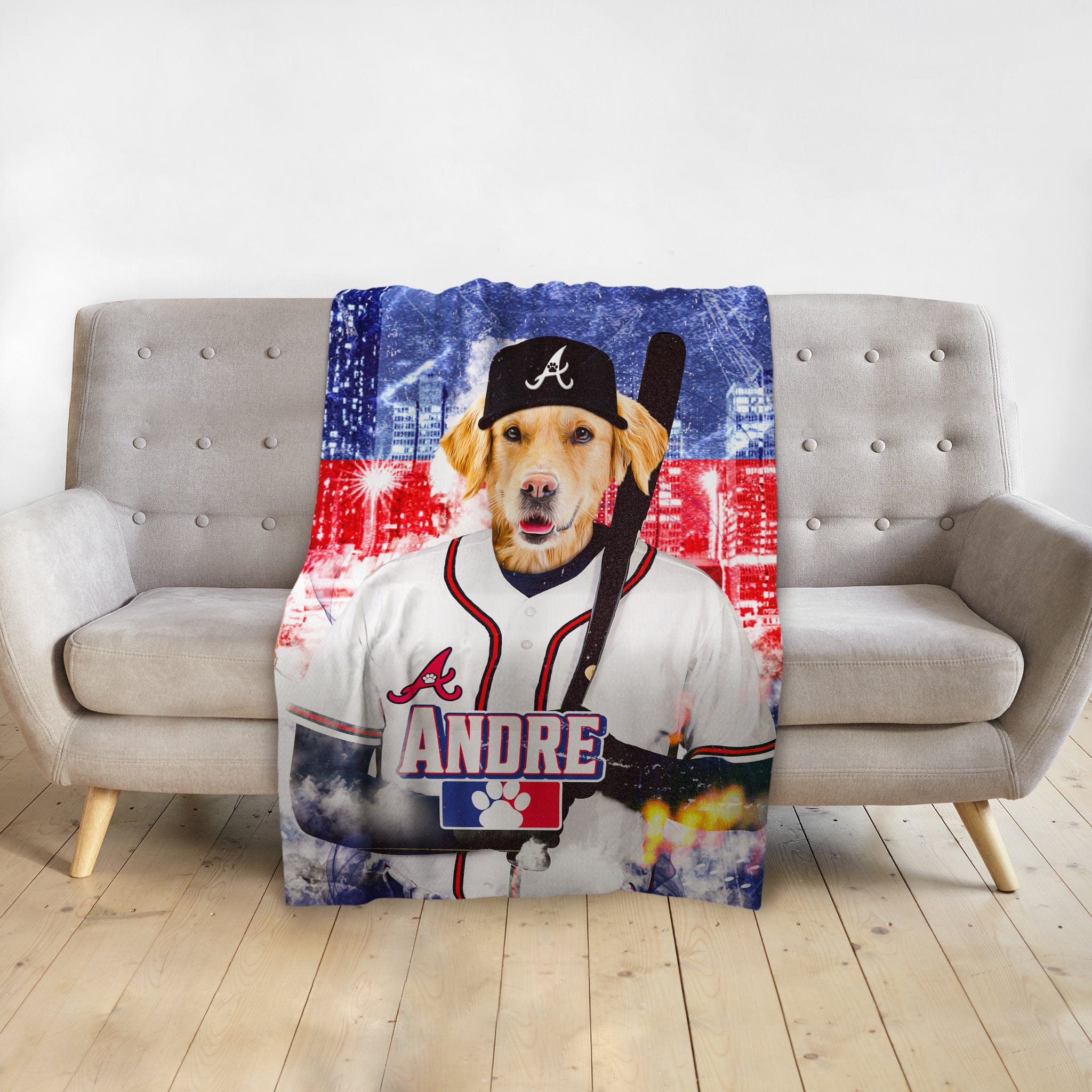 Personalized pet blanket with a golden retriever in an Atlanta Braves baseball uniform and cap.