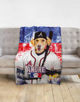 Personalized pet blanket with a golden retriever in an Atlanta Braves baseball uniform and cap.