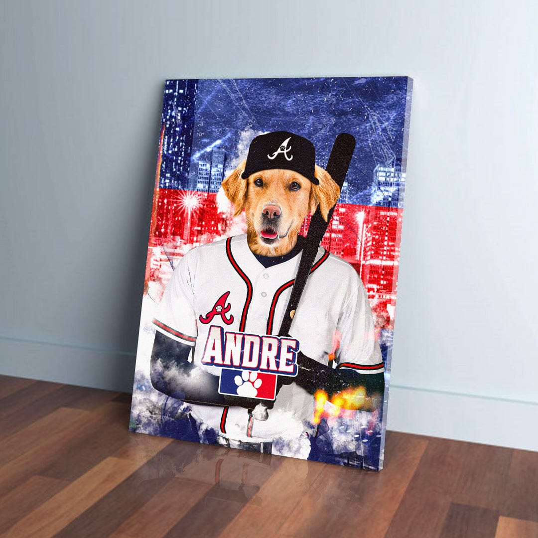 Golden retriever dog in a personalized Atlanta Braves baseball uniform and cap, holding a bat.