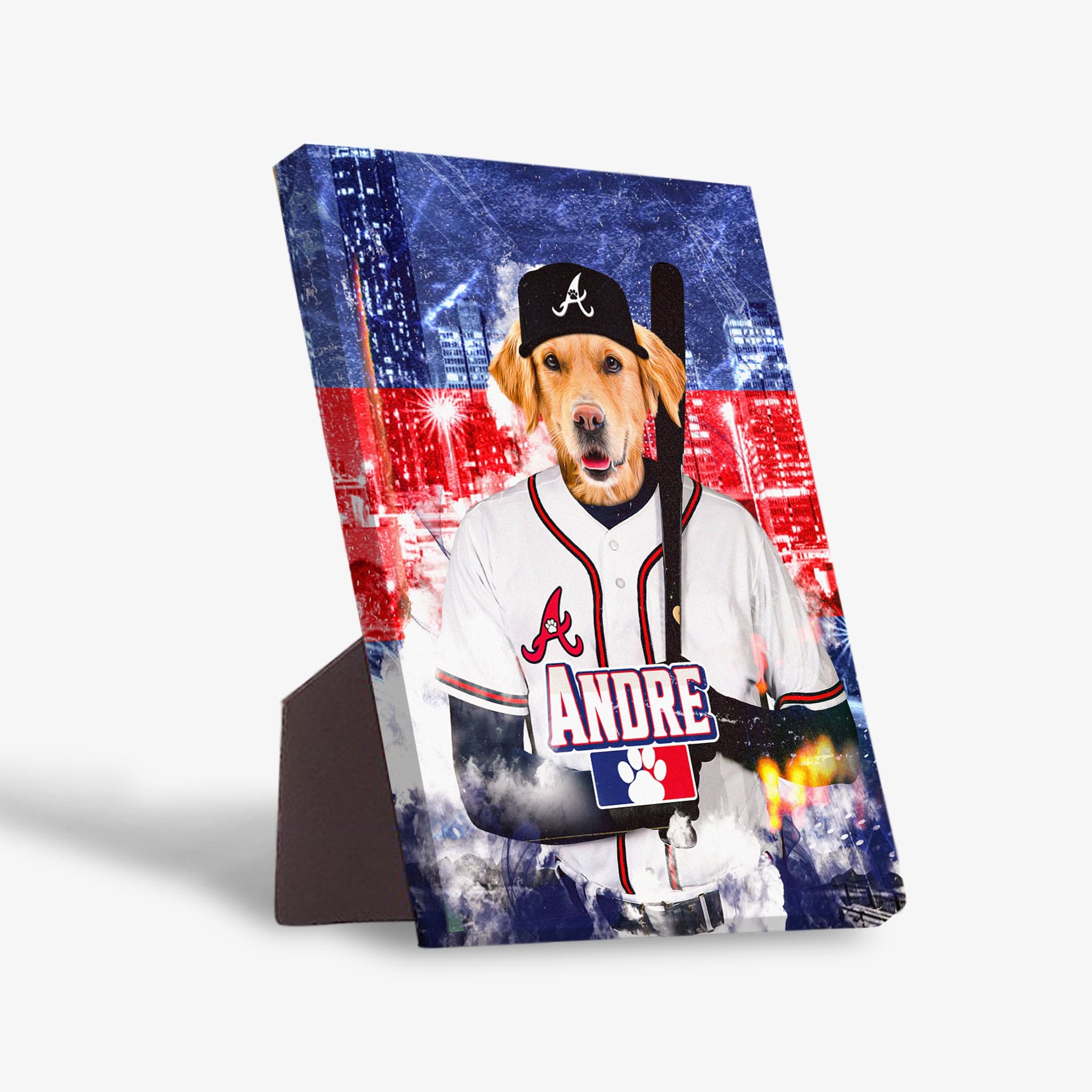 Golden retriever in an Atlanta Braves baseball uniform, holding a bat, on a personalized standing canvas.