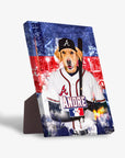 Golden retriever in an Atlanta Braves baseball uniform, holding a bat, on a personalized standing canvas.