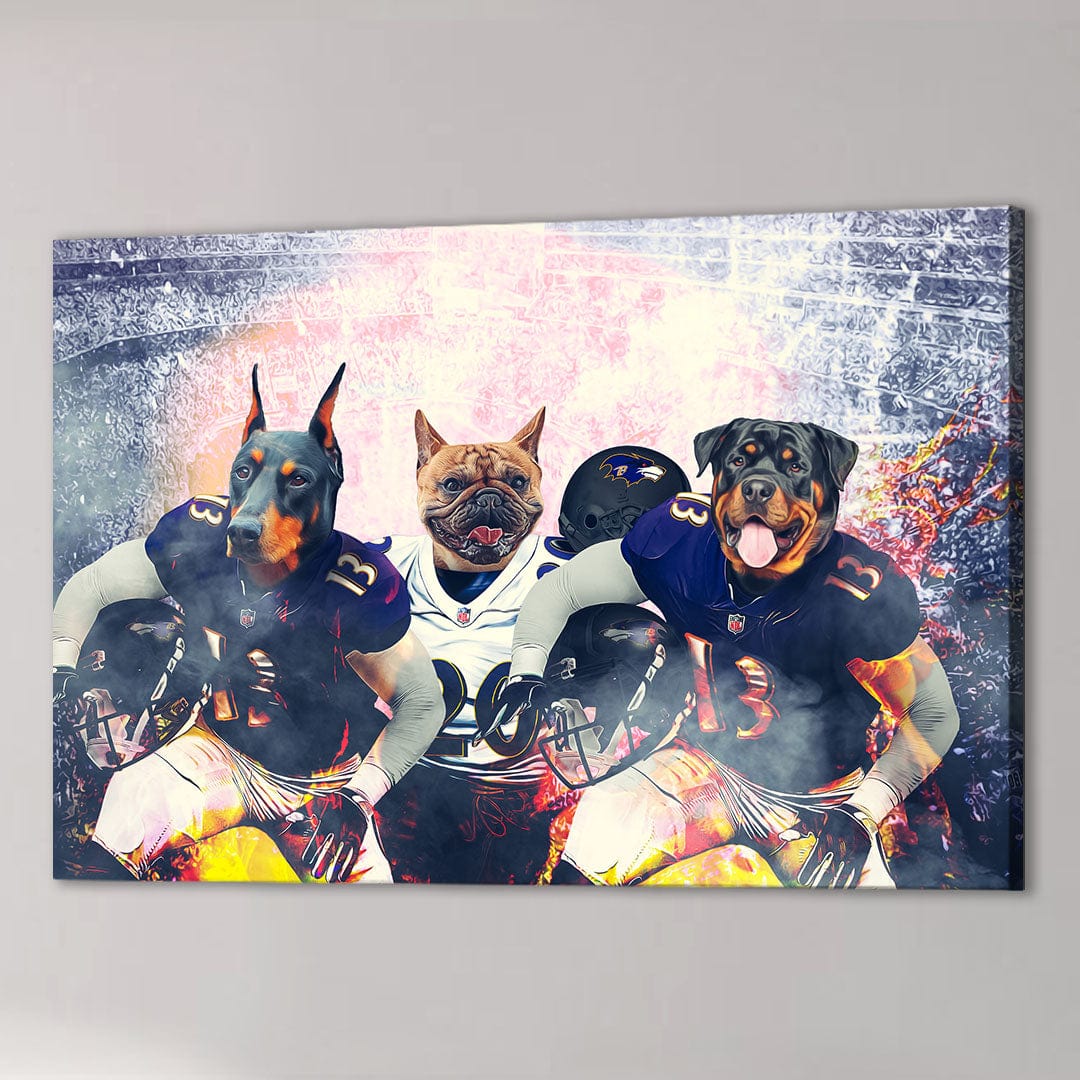 Personalized 3-pet canvas featuring a Doberman, French Bulldog, and Rottweiler in Baltimore football uniforms.