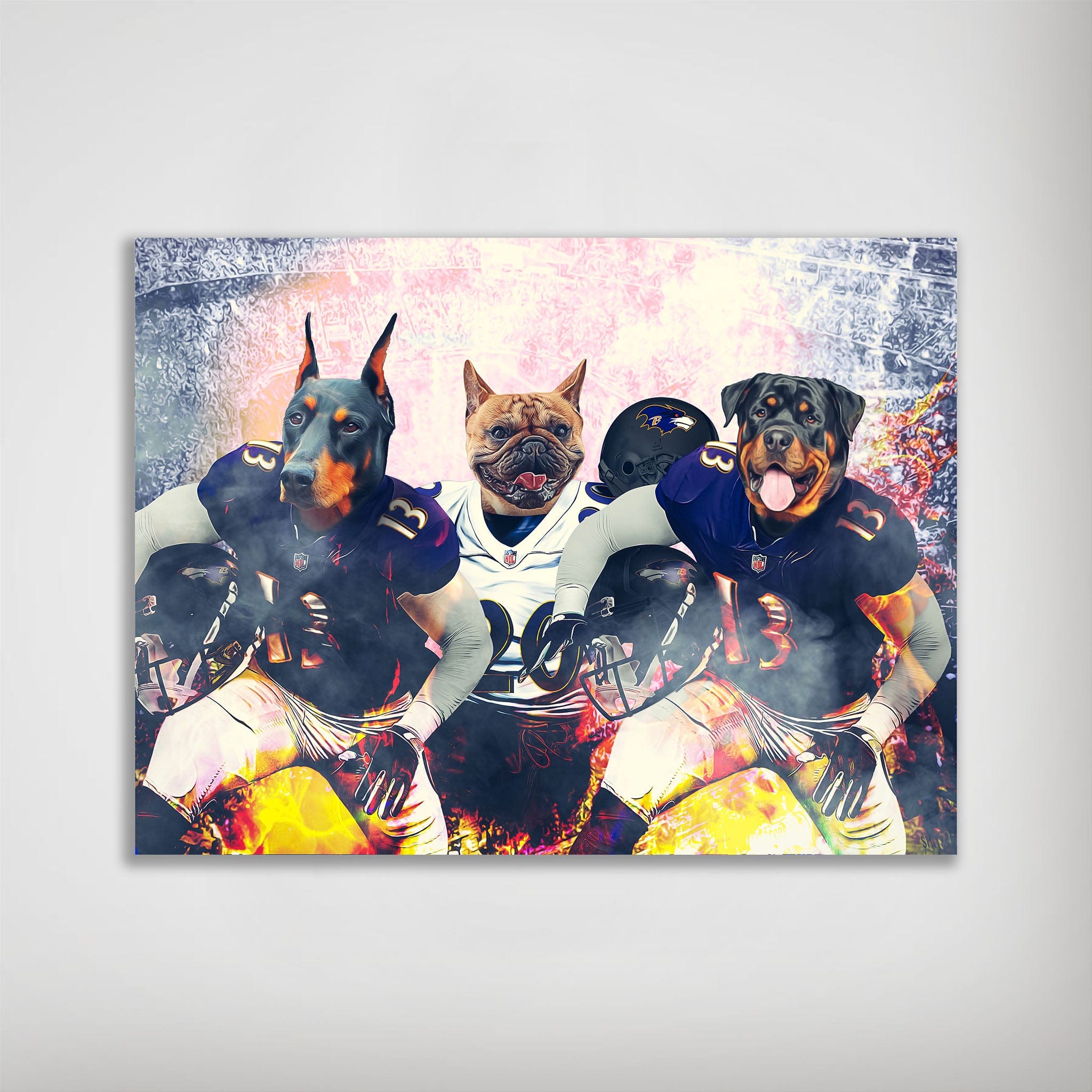 Personalized poster featuring three pets as football players in Baltimore Ravens uniforms.