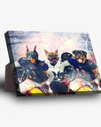 Personalized 3-pet standing canvas featuring a Doberman, French Bulldog, and Rottweiler in football uniforms.