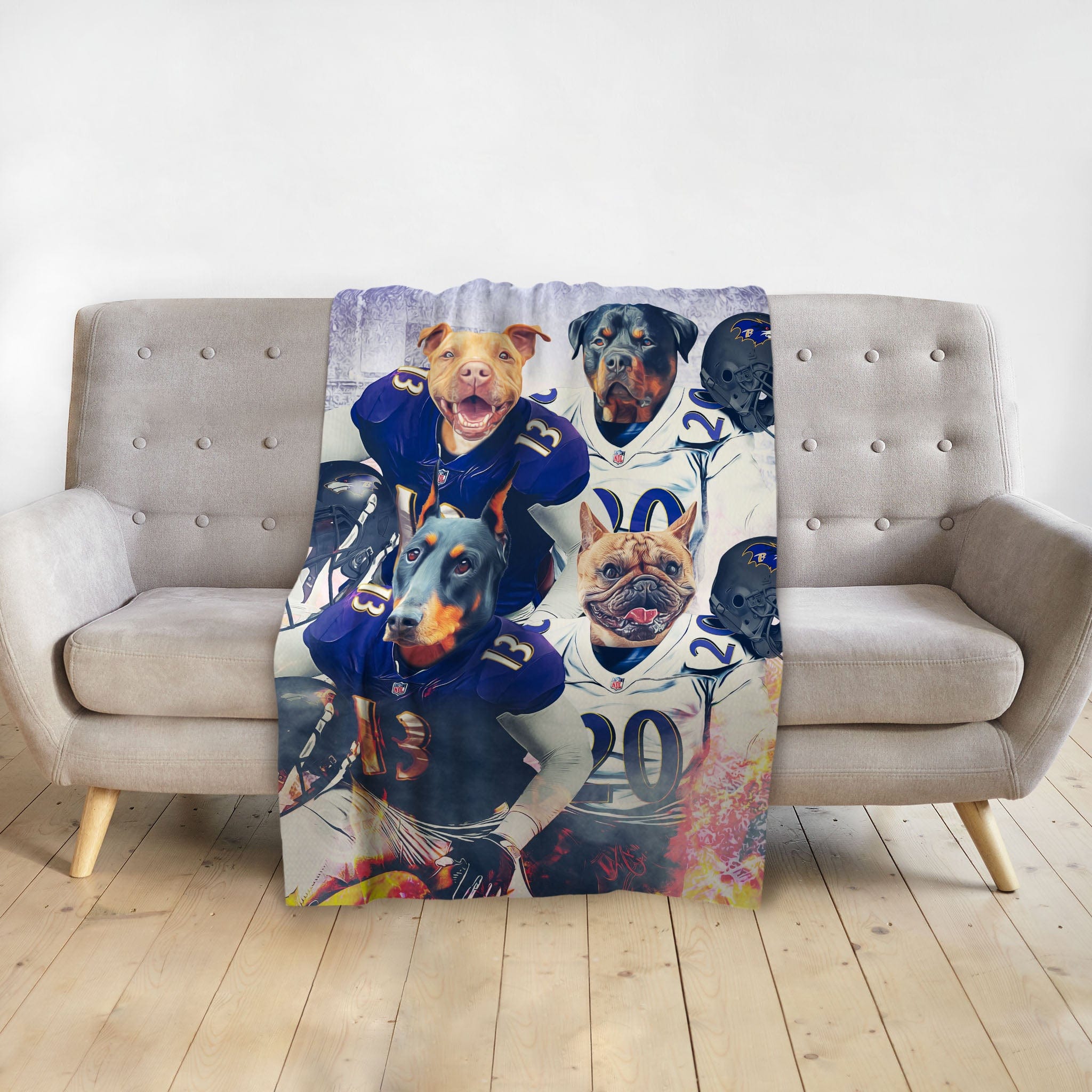 Personalized pet blanket featuring four dogs in custom Baltimore Ravens football uniforms.