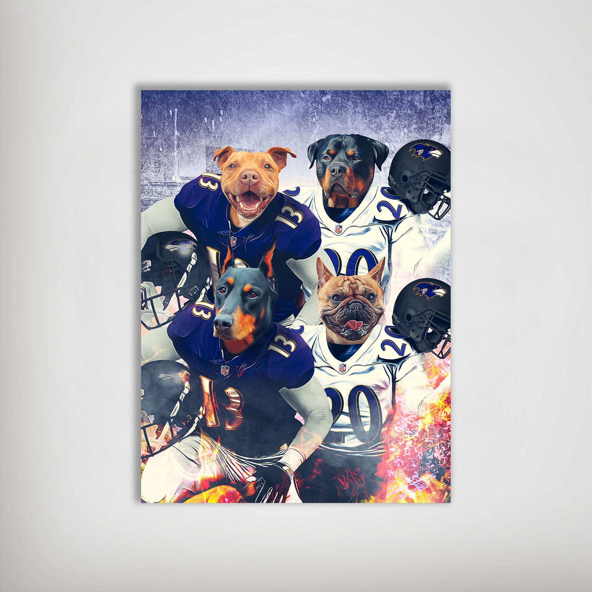 Personalized Baltimore Doggos poster featuring four pets as football players in purple and white uniforms.