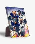 Personalized "Baltimore Doggos" standing canvas featuring four pets as football players in purple and white jerseys.