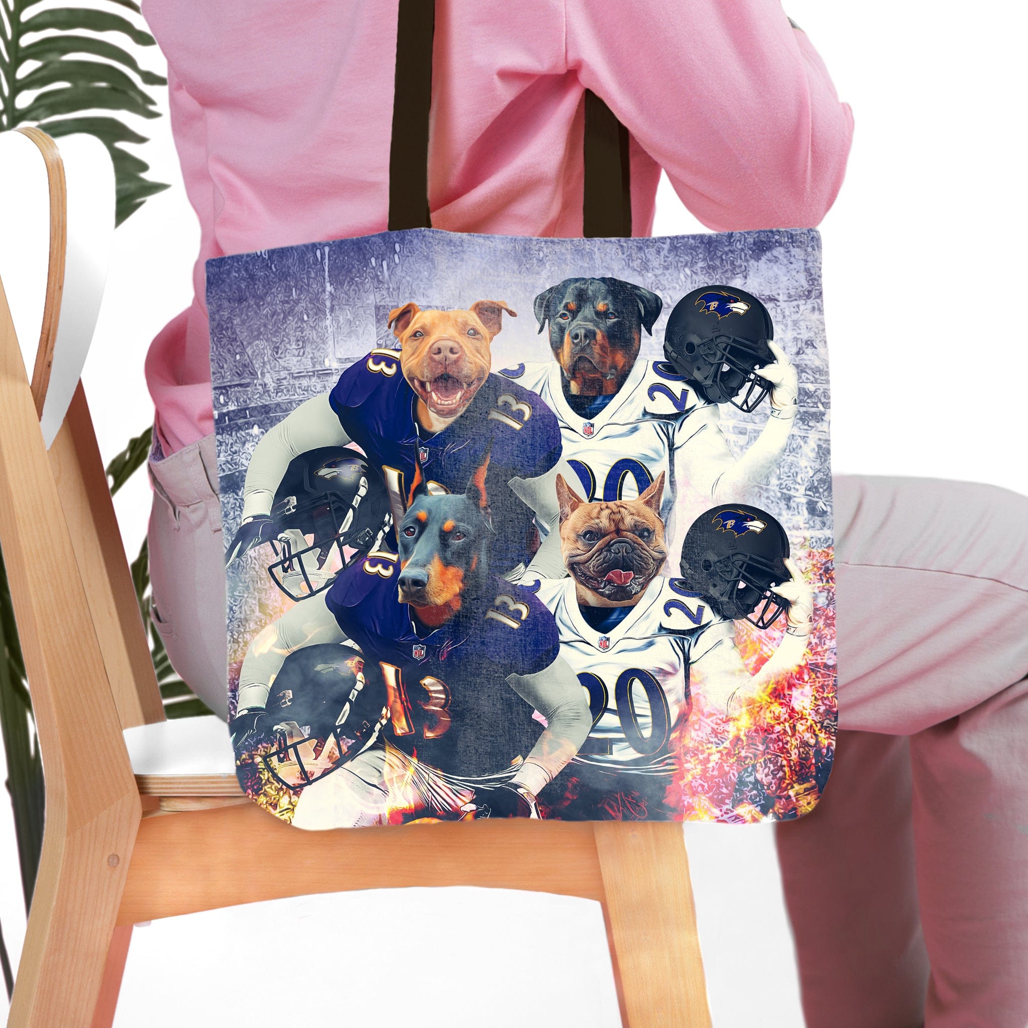 Personalized 4-pet tote bag featuring dogs in Baltimore Ravens football uniforms.