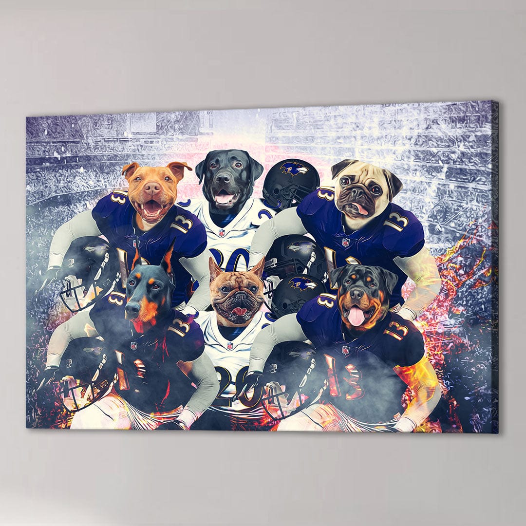 Personalized 6-pet canvas featuring dogs in purple and white football uniforms, set against a stadium backdrop.