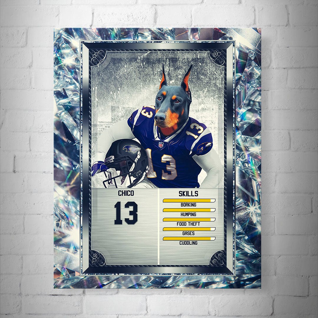 Personalized 8x10" matte poster featuring a Doberman in a purple football jersey, number 13, with custom skills.
