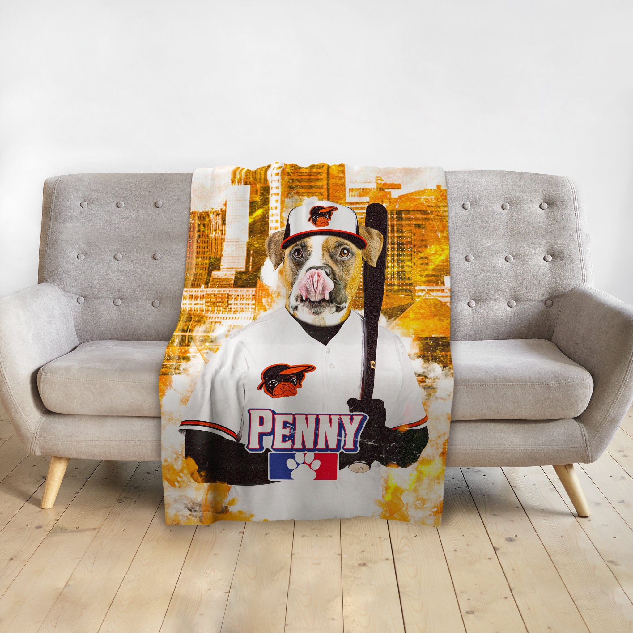 Custom pet portrait blanket featuring a dog in a Baltimore Orioles baseball uniform with "Penny" on the jersey.