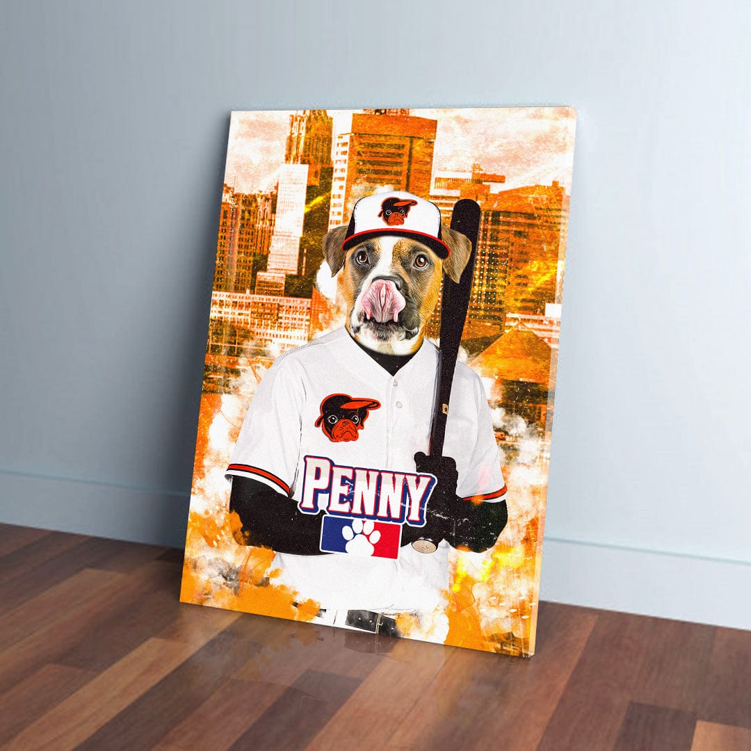 Personalized pet canvas featuring a dog in a white 'Baltimore Dogorioles' baseball uniform, cap, and holding a bat, against an orange cityscape.