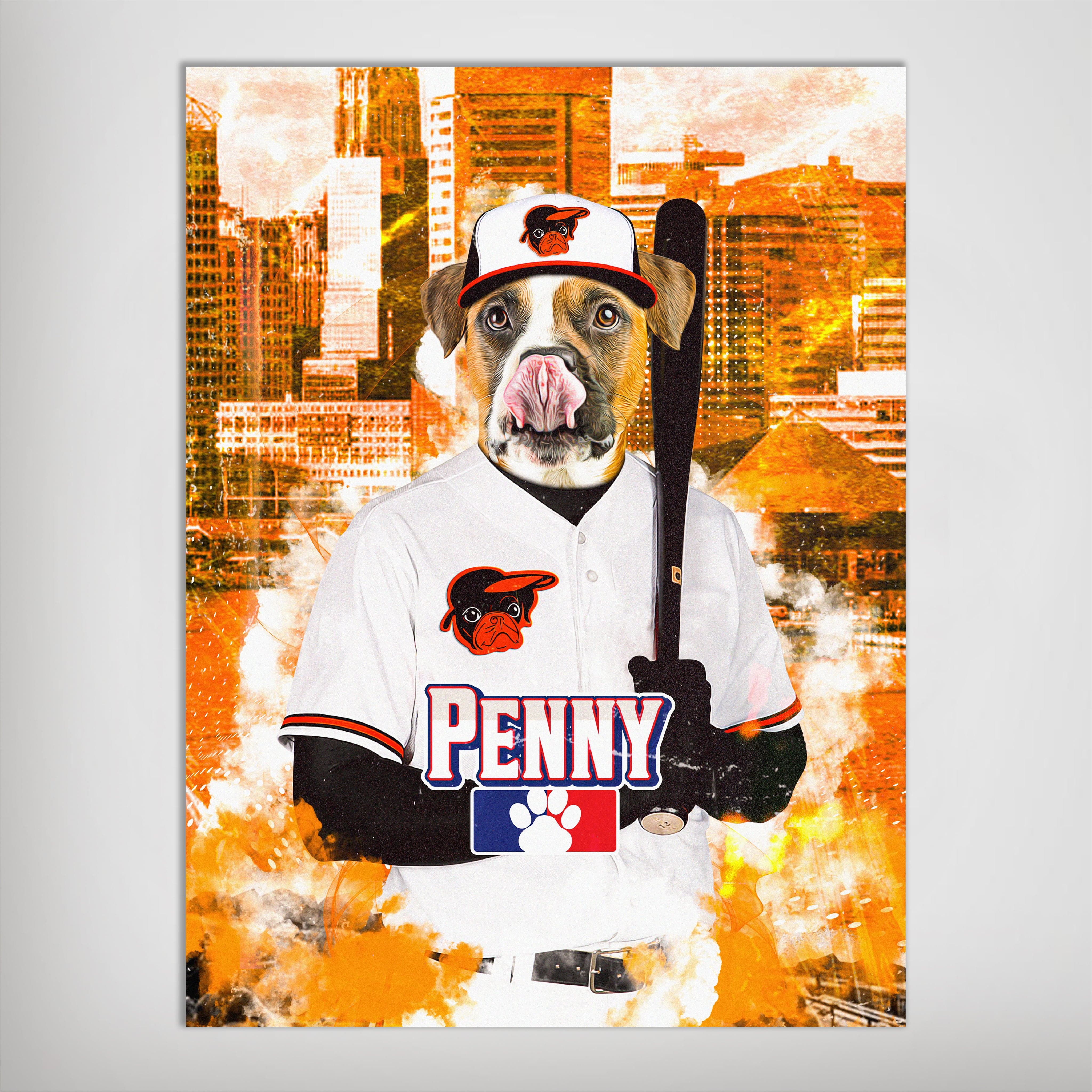 Personalized pet poster featuring a dog in a white baseball uniform with "PENNY" and a baseball bat, set against an orange city skyline.