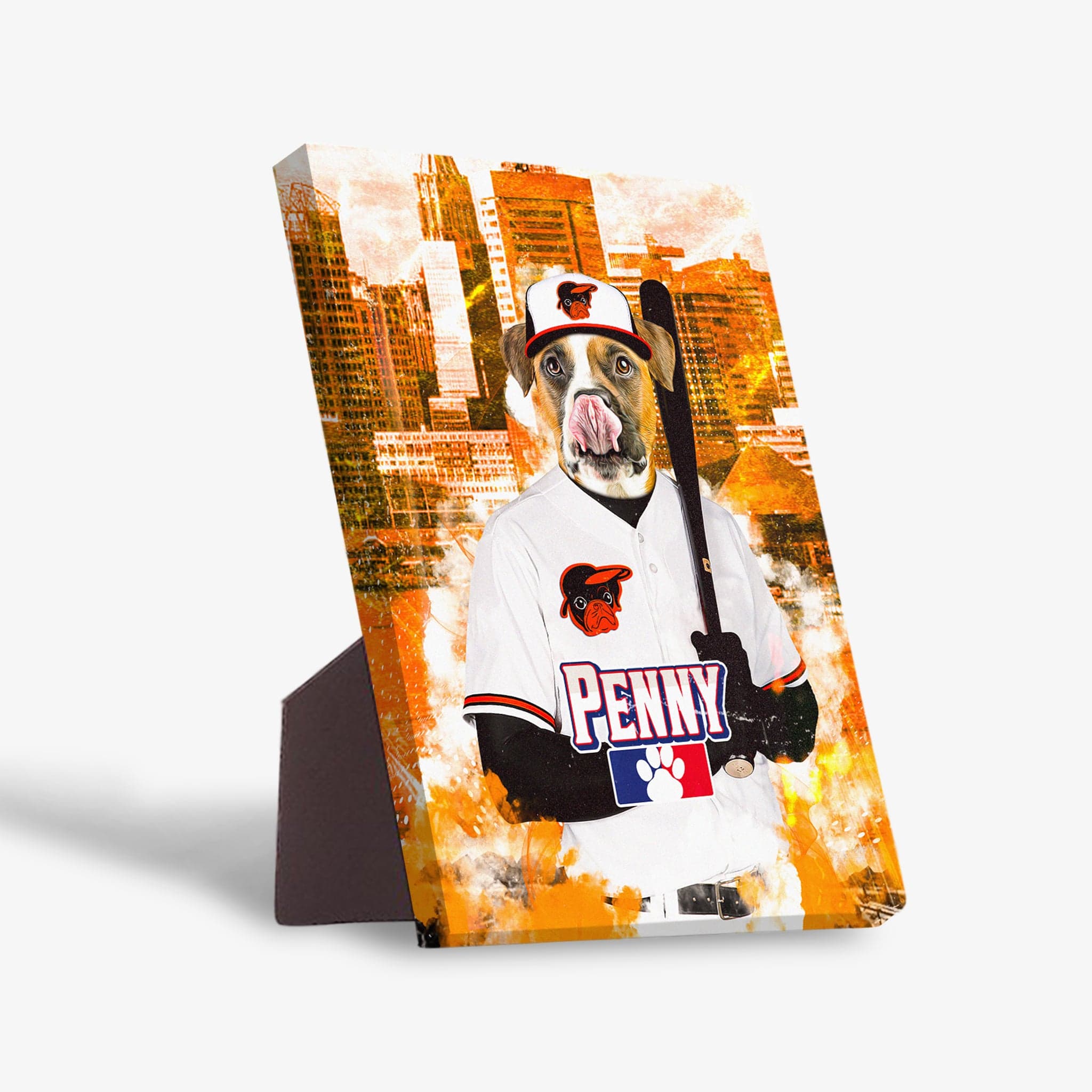 Personalized pet canvas featuring a dog in a Baltimore Dogorioles baseball uniform, holding a bat, with a city skyline background.