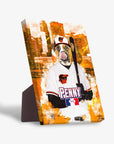 Personalized pet canvas featuring a dog in a Baltimore Dogorioles baseball uniform, holding a bat, with a city skyline background.