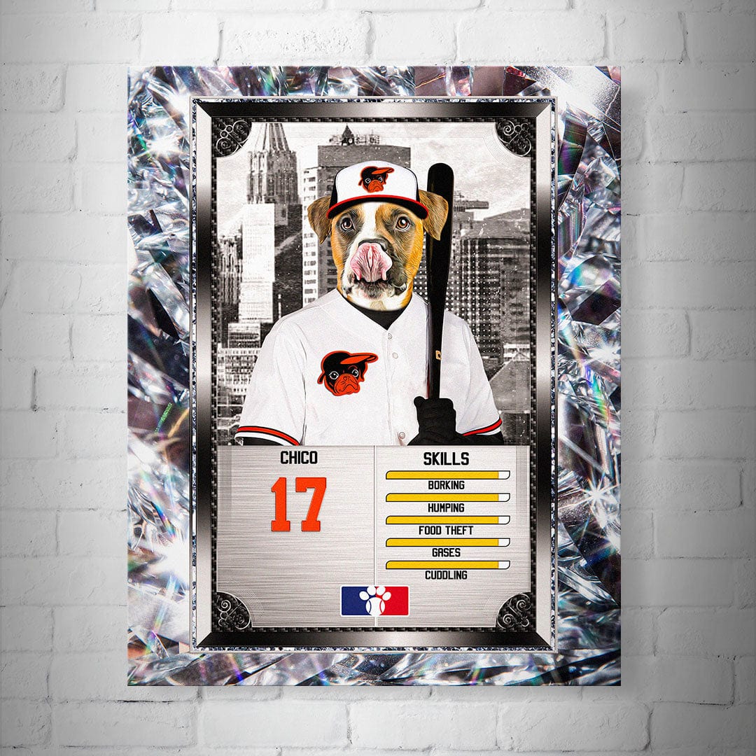 Personalized Baltimore PawRioles pet baseball trading card poster featuring a dog in a white jersey, number 17.