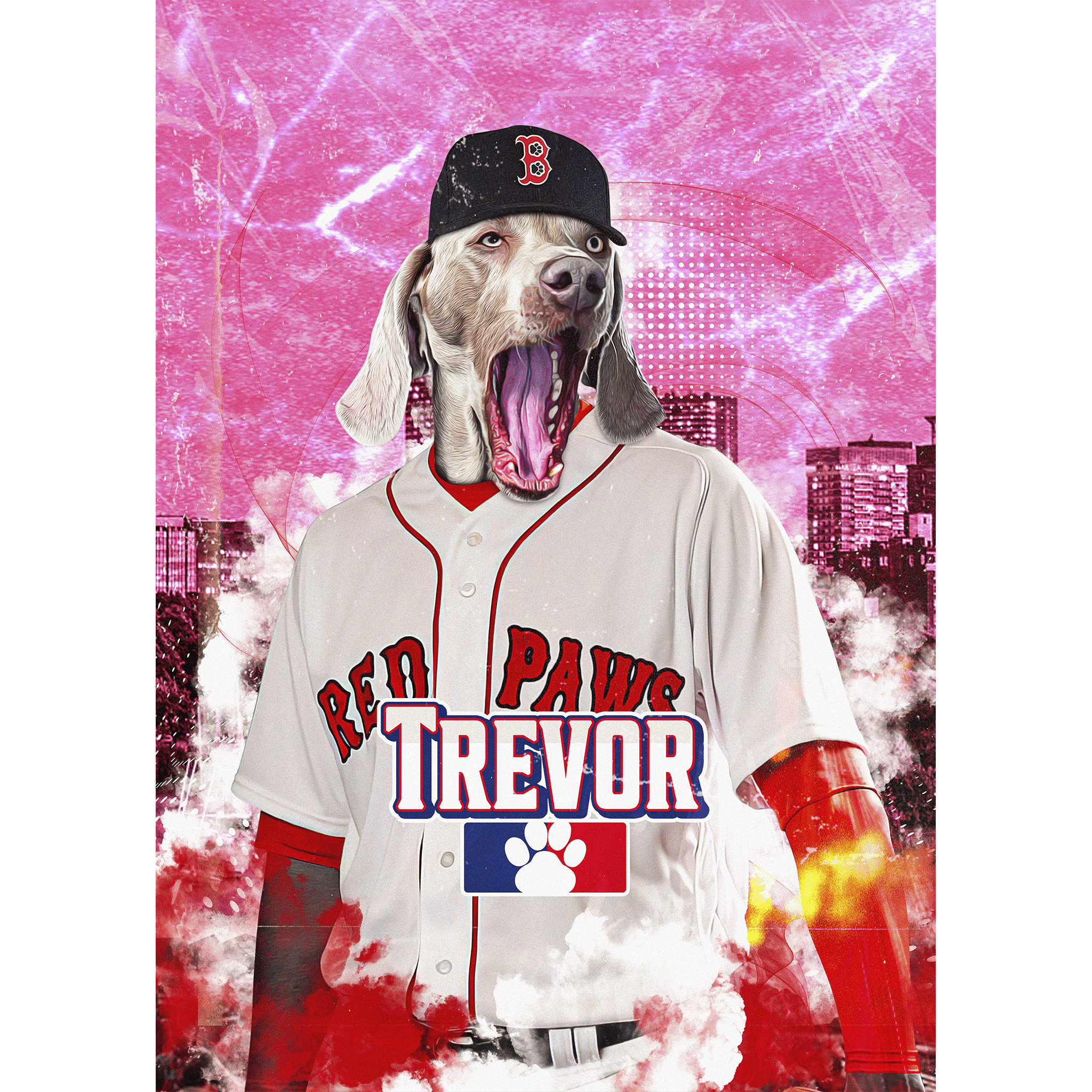 Custom Boston Red Paws digital portrait of a dog in a baseball uniform.