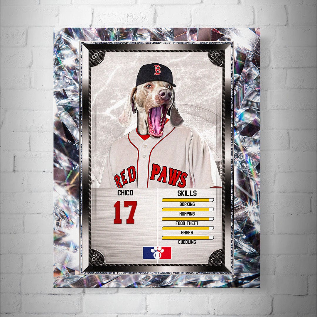 Personalized 8x10" Boston Red Paws baseball trading card poster featuring a dog in a Red Sox uniform.
