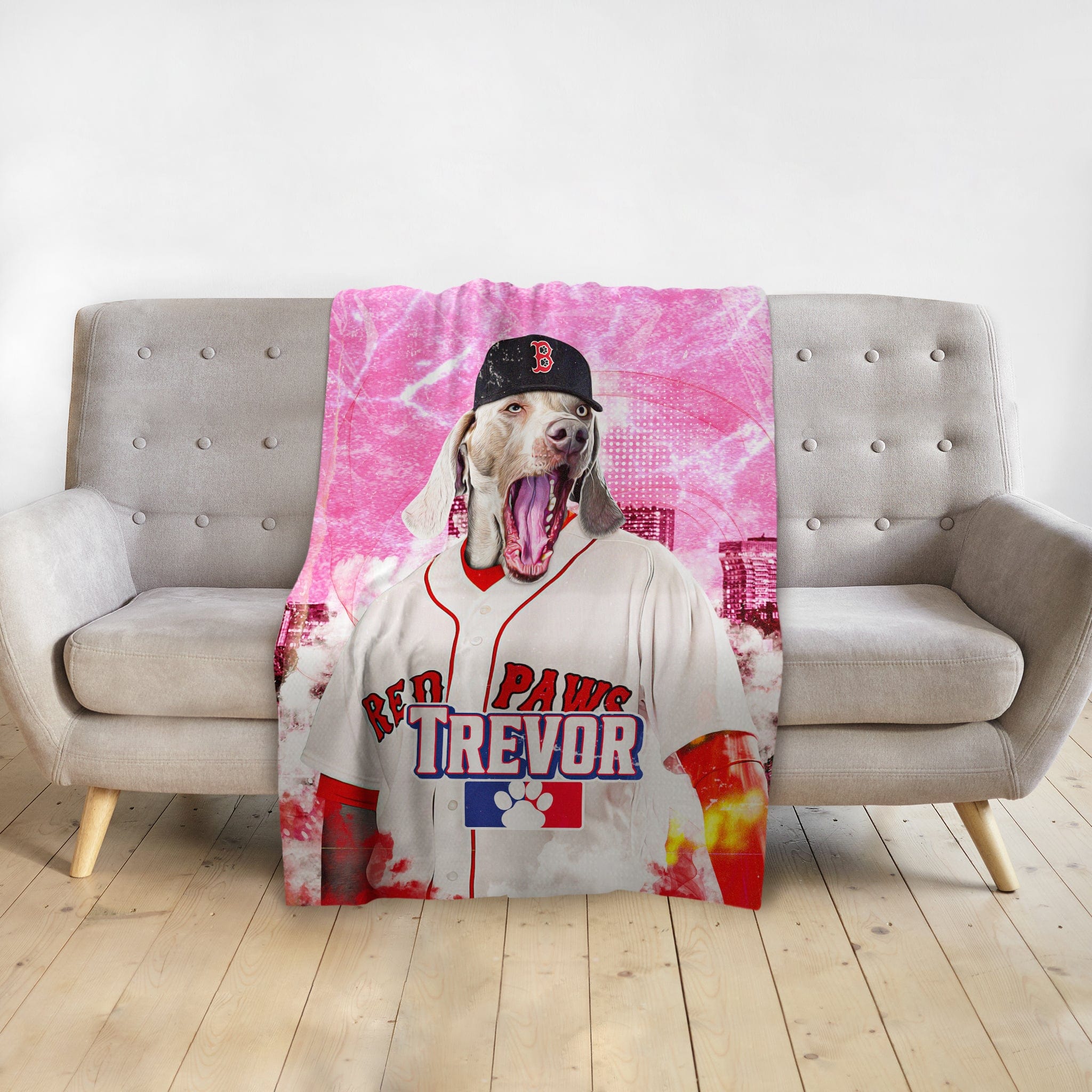 Personalized pet blanket featuring a Weimaraner dog in a Boston Red Sox baseball uniform.