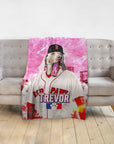 Personalized pet blanket featuring a Weimaraner dog in a Boston Red Sox baseball uniform.