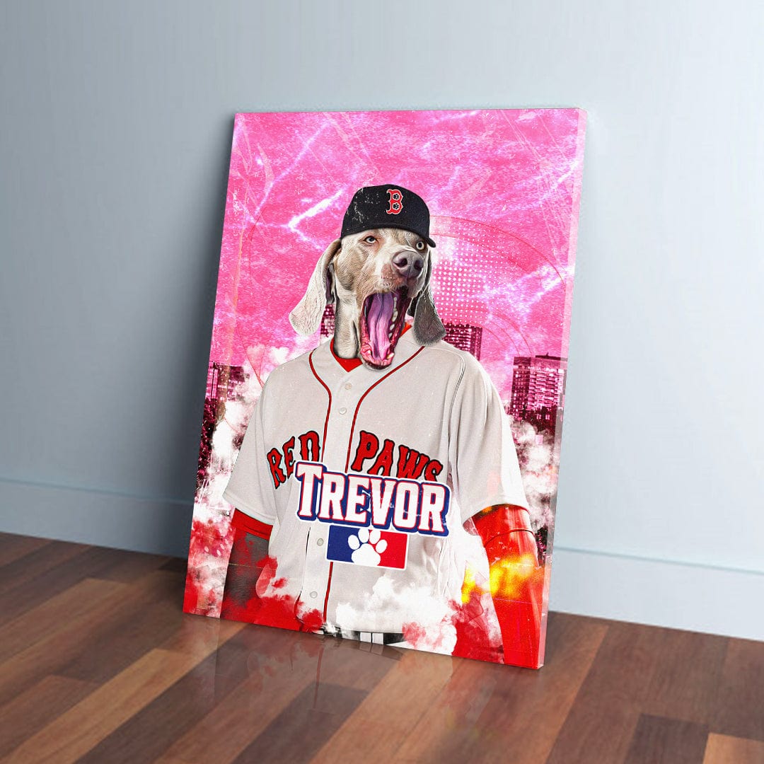Personalized pet canvas featuring a dog in a "Red Paws Trevor" baseball jersey and cap against a pink cityscape.