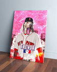 Personalized pet canvas featuring a dog in a "Red Paws Trevor" baseball jersey and cap against a pink cityscape.