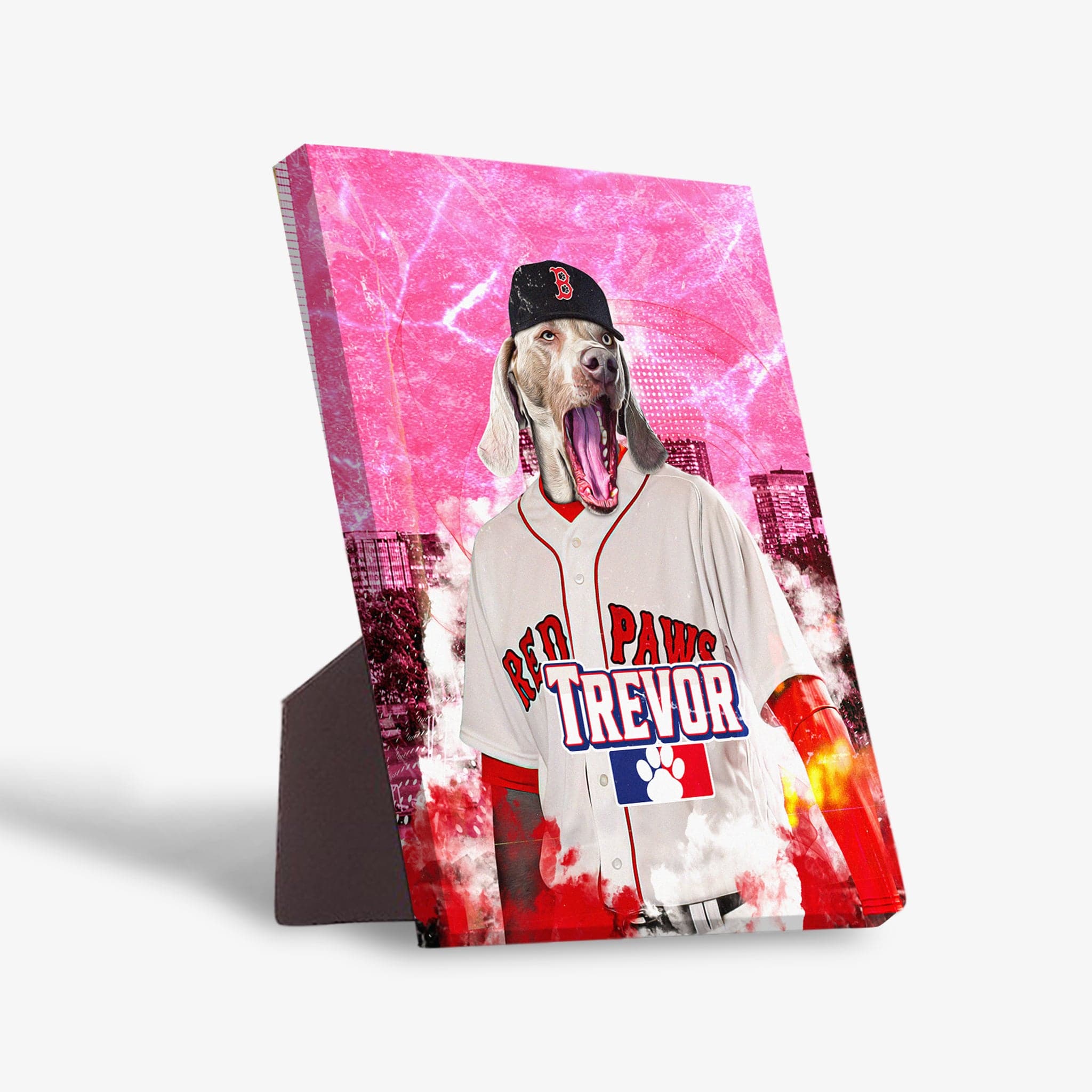 Personalized pet standing canvas featuring a dog in a "Boston Red Paws" baseball uniform against a pink cityscape.