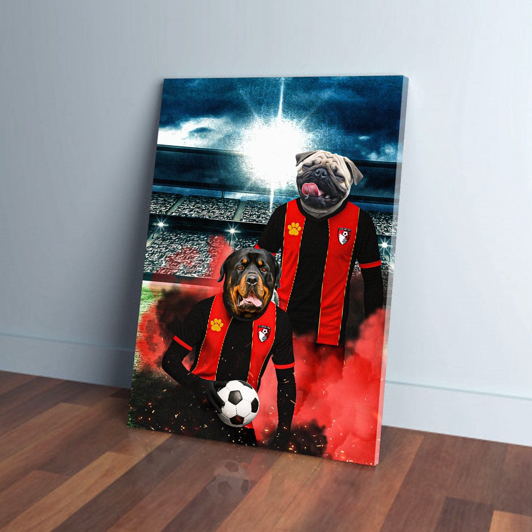 Personalized canvas featuring two pets as football players in red and black jerseys at a stadium.