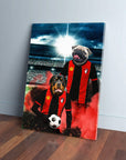 Personalized canvas featuring two pets as football players in red and black jerseys at a stadium.