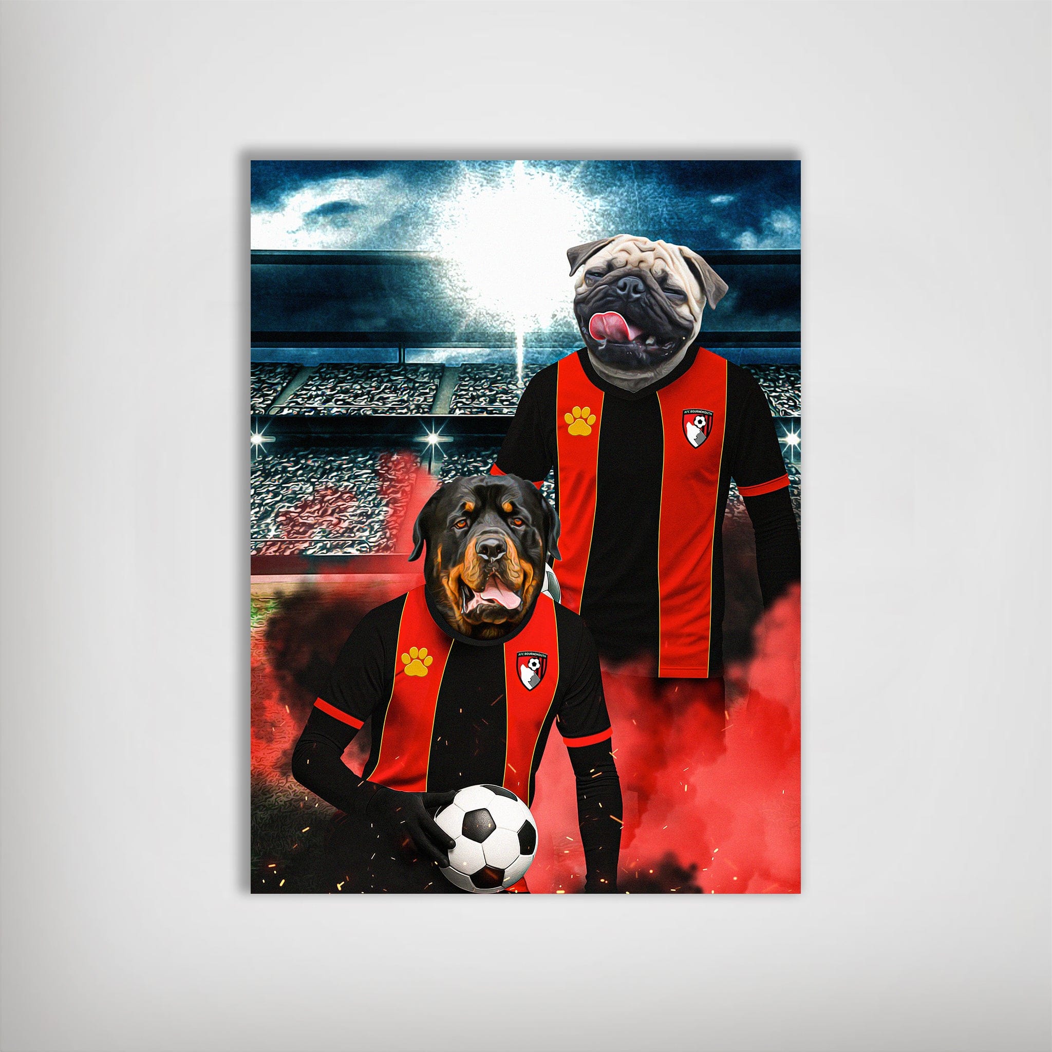 Personalized poster featuring a Rottweiler and a Pug in red and black football kits on a stadium background.